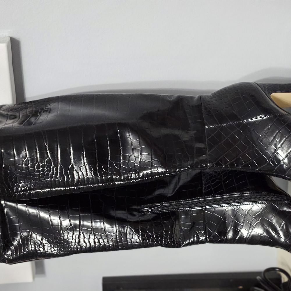 Black Croc-Embossed Knee-High Boots